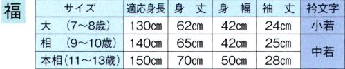 東京ゆかた 60458 子供袢天 福印 衿文字入り。大人用は「60458」です。※この商品の旧品番は「20458」です。※この商品はご注文後のキャンセル、返品及び交換は出来ませんのでご注意下さい。※なお、この商品のお支払方法は、先振込（代金引換以外）にて承り、ご入金確認後の手配となります。 サイズ／スペック